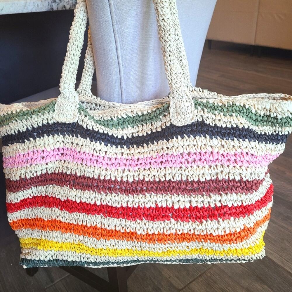 Bloomingdales Aqua Rainbow‎ Straw/Paper/Linen Beach XLarge Tote Bag New $128